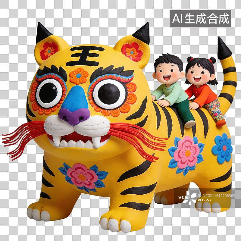 【AI数字艺术】3D立体国风春节新春坐布老虎上两个小孩元素图片素材