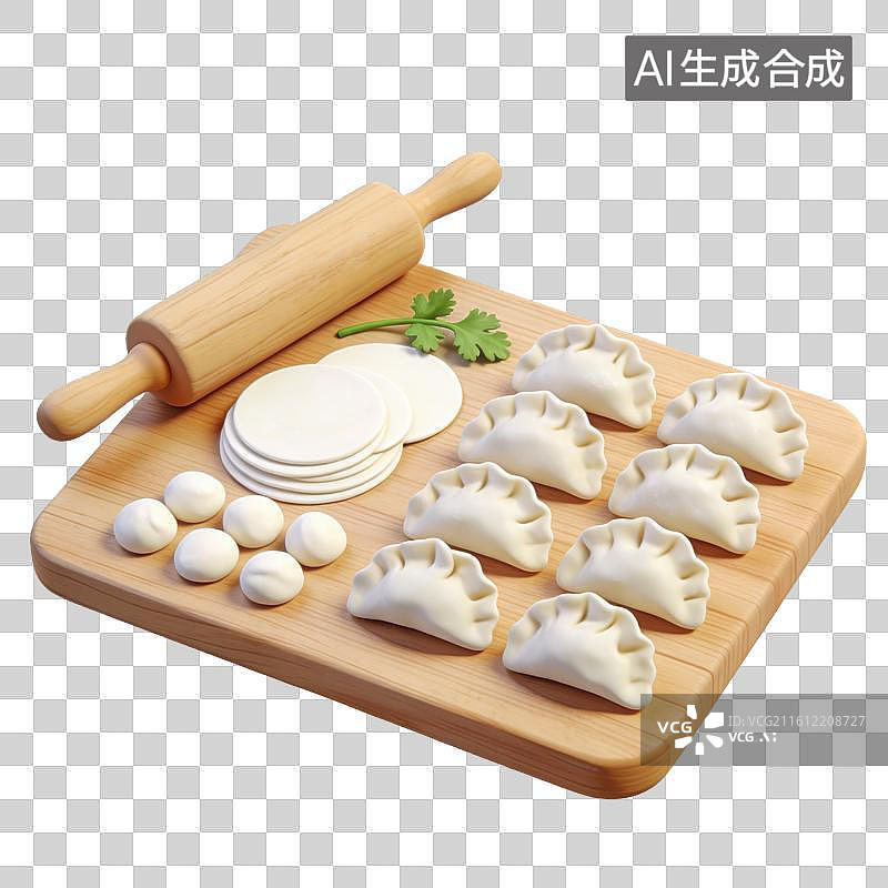 【AI数字艺术】3D立体春节家庭包饺子的准备场景木质案板小面团擀好的面皮擀面杖元素图片素材