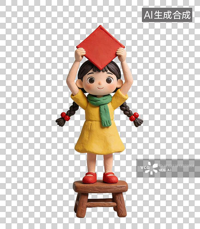 【AI数字艺术】3D立体春节过年小女孩拿着福字春联元素图片素材
