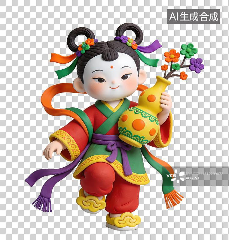 【AI数字艺术】3D立体中国风拿着宝瓶的年画娃娃元素图片素材