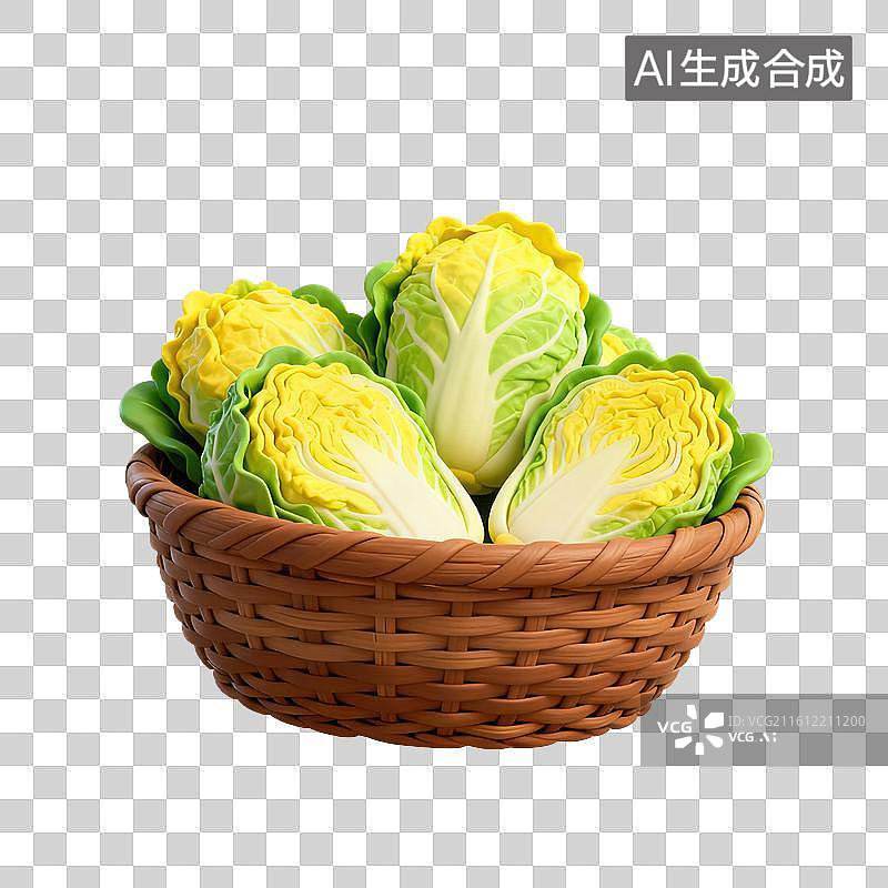 【AI数字艺术】3D二十四节气立冬轻拟物竹筐里的大白菜元素图片素材