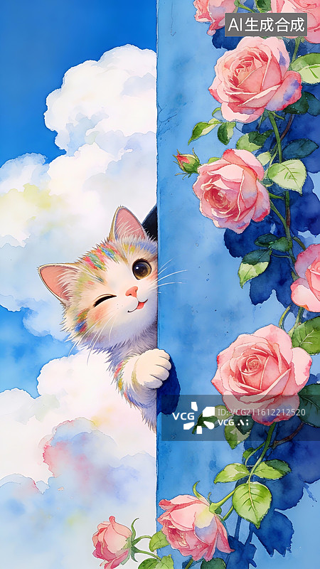 【AI数字艺术】可爱卡通猫咪，纯蓝色光滑墙面后探出头，蓝色墙面攀爬着盛放的粉色蔷薇花图片素材
