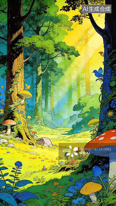【AI数字艺术】极繁主义，森林秘境，绿野仙踪，明亮鲜艳的黄、绿、蓝色为主色调，营造出一种奇幻、可爱温馨的森林童话氛围图片素材