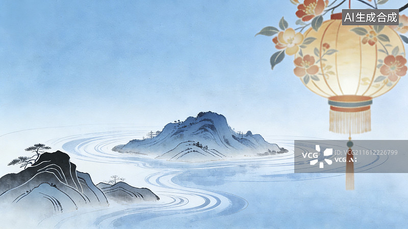 【AI数字艺术】山水画中漂浮的灯笼图片素材