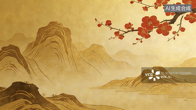 【AI数字艺术】山水画中漂浮的灯笼图片素材