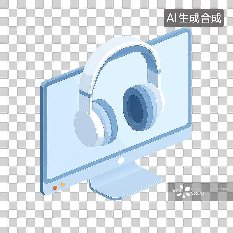 【AI数字艺术】耳机搭配电脑显示屏的在线音频设备图标图片素材