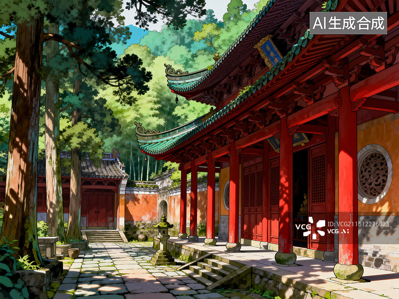 【AI数字艺术】古寺红墙绿瓦林间庭院图片素材
