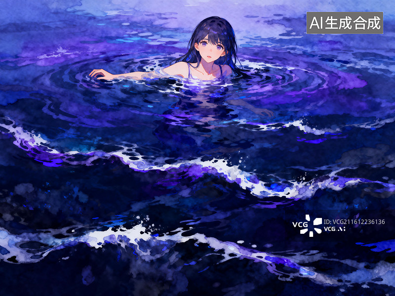 【AI数字艺术】紫色海水中漂浮的少女图片素材
