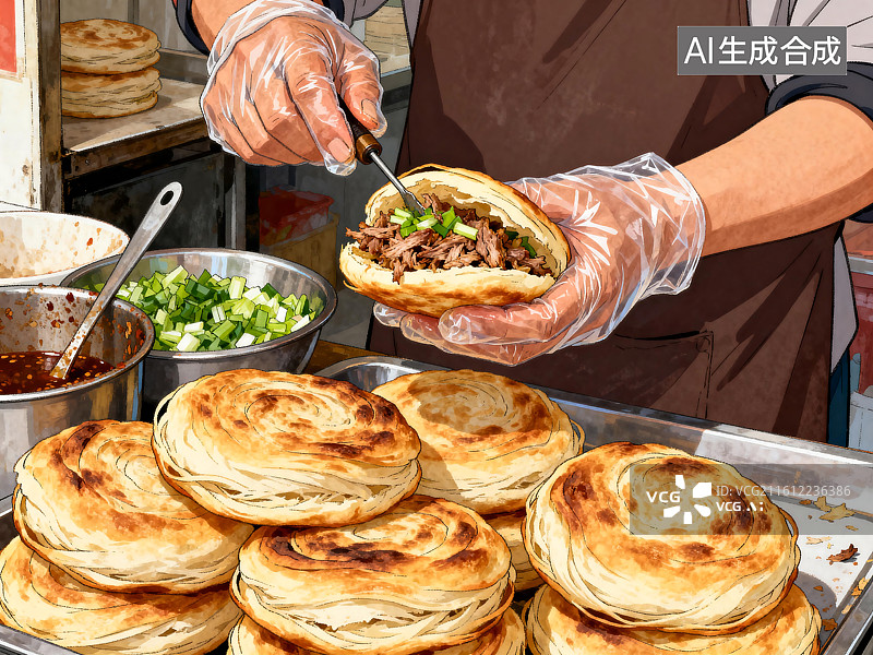 【AI数字艺术】摊贩制作肉夹馍的美食场景图片素材