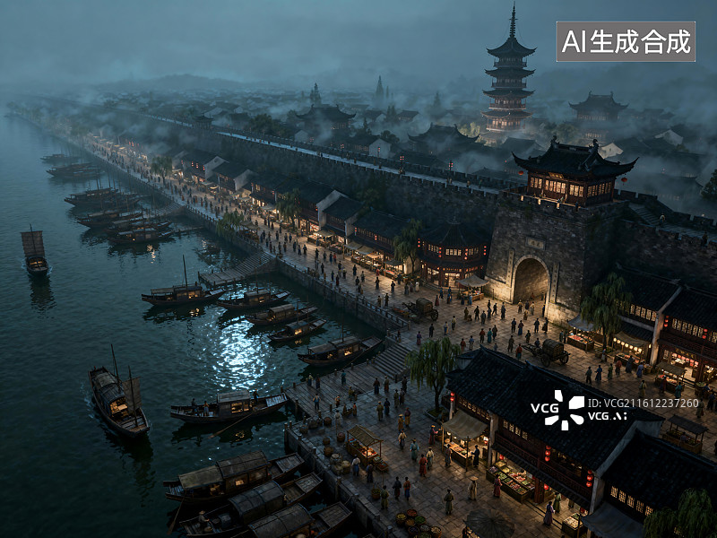 【AI数字艺术】古风水乡夜景城市全景图片素材