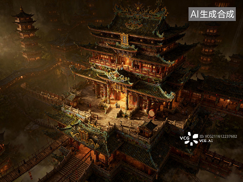 【AI数字艺术】古风建筑群夜景俯瞰图图片素材