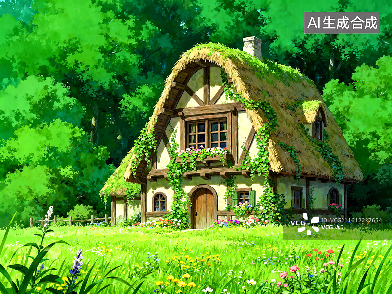 【AI数字艺术】童话风格茅草屋田园风光图片素材
