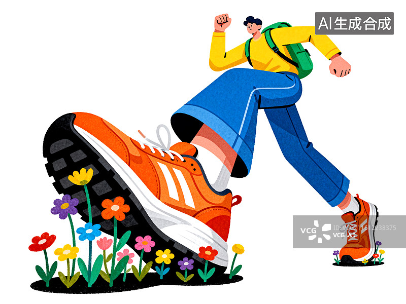 【AI数字艺术】卡通人物踩踏花朵与运动鞋图片素材
