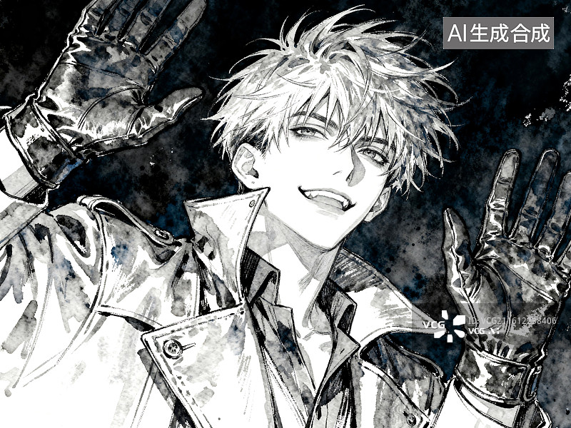 【AI数字艺术】黑白漫画风格的银发少年挥手图片素材