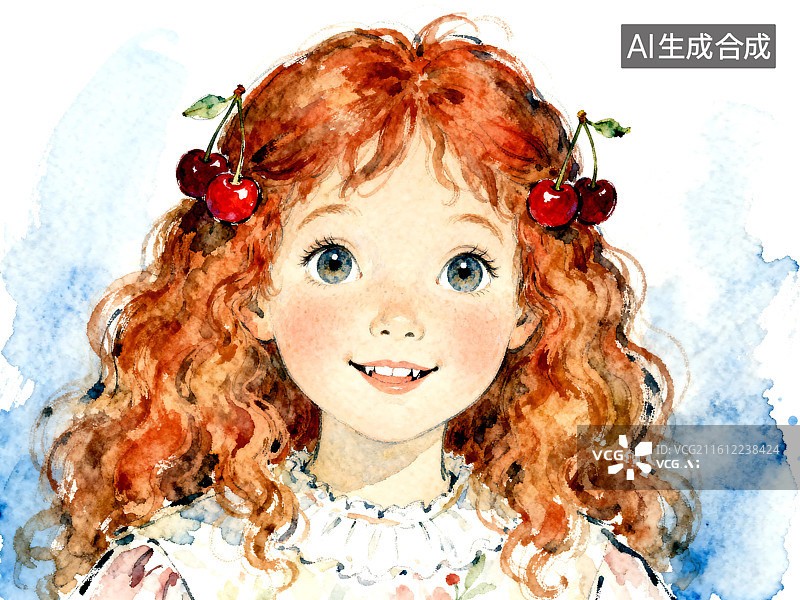 【AI数字艺术】红发女孩水彩插画图片素材