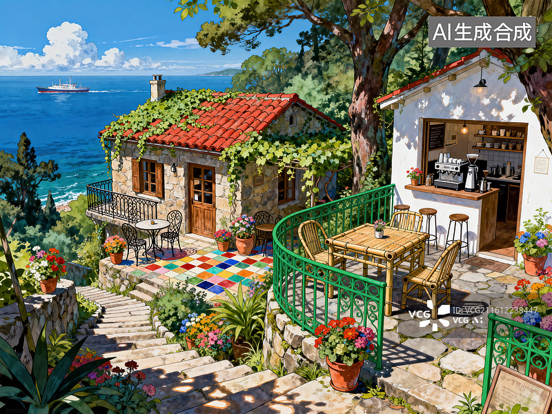 【AI数字艺术】海边小屋花园庭院风景画图片素材