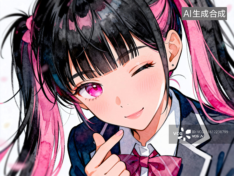 【AI数字艺术】黑发粉挑染少女眨眼微笑图片素材
