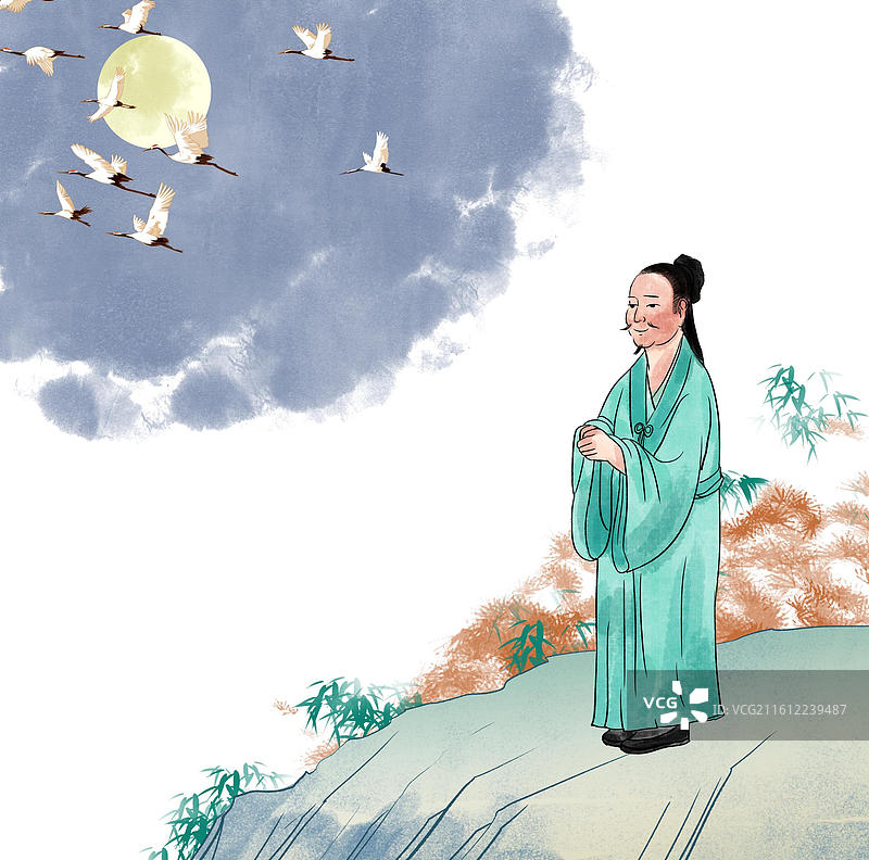 中国风新中式古风古典传统文化国学经典唐诗宋词中国画月色月光仙鹤古代人物隐居生活意境插画图片素材
