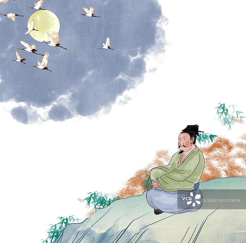 中国风新中式古风古典传统文化国学经典唐诗宋词中国画月色月光仙鹤古代人物隐居生活意境插画图片素材