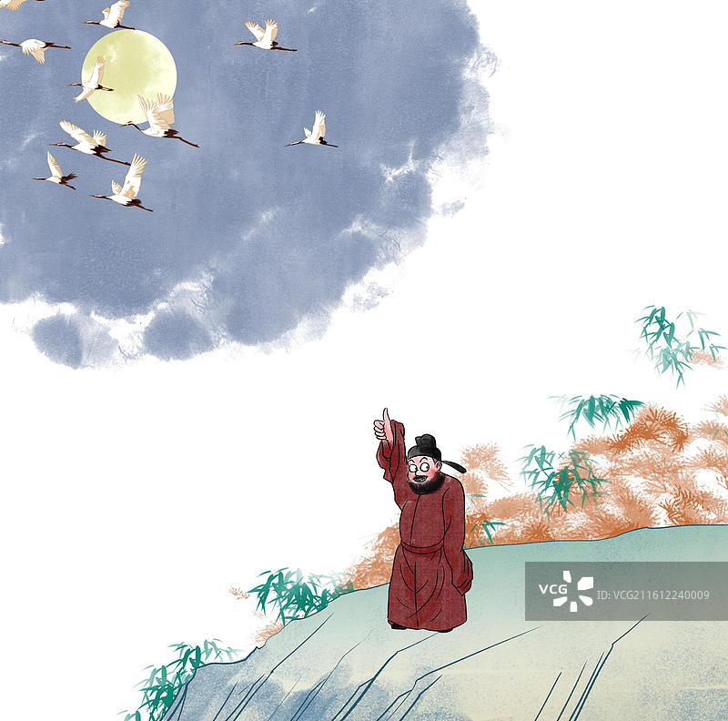 中国风新中式古风古典传统文化国学经典唐诗宋词中国画月色月光仙鹤古代人物隐居生活意境插画图片素材