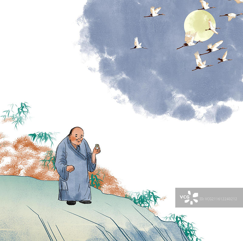 中国风新中式古风古典传统文化国学经典唐诗宋词中国画月色月光仙鹤古代人物隐居生活意境插画图片素材