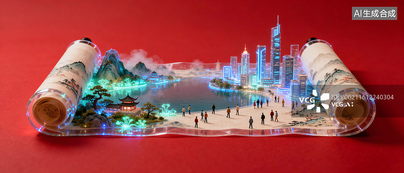 【AI数字艺术】新国风城市微缩景观长卷图片素材