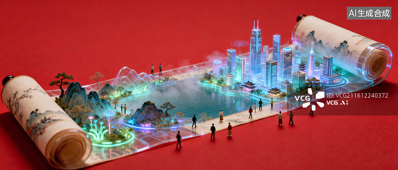 【AI数字艺术】新国风城市微缩景观长卷图片素材