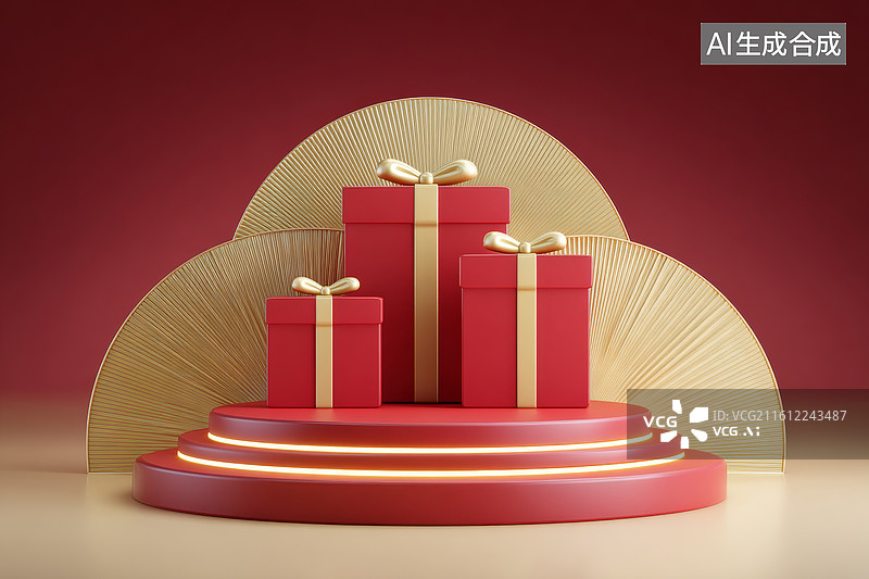 【AI数字艺术】红色礼盒陈列在圆形展台上图片素材