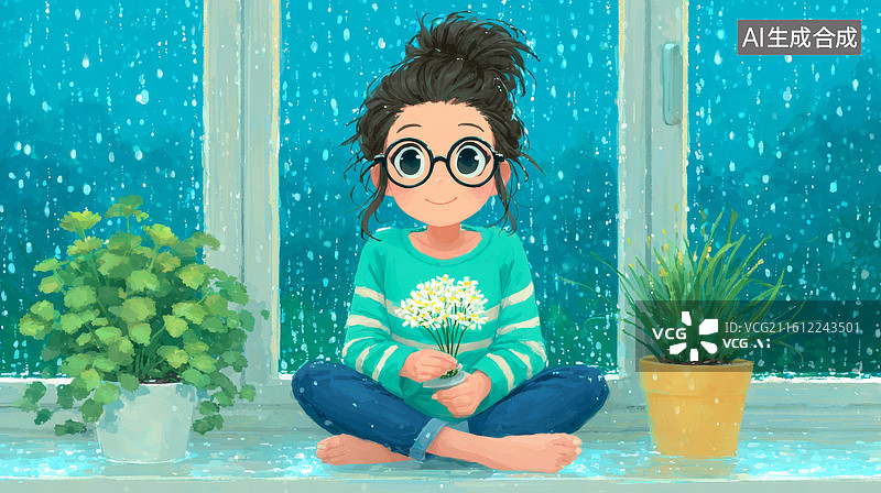 【AI数字艺术】窗边坐的女孩捧花图片素材