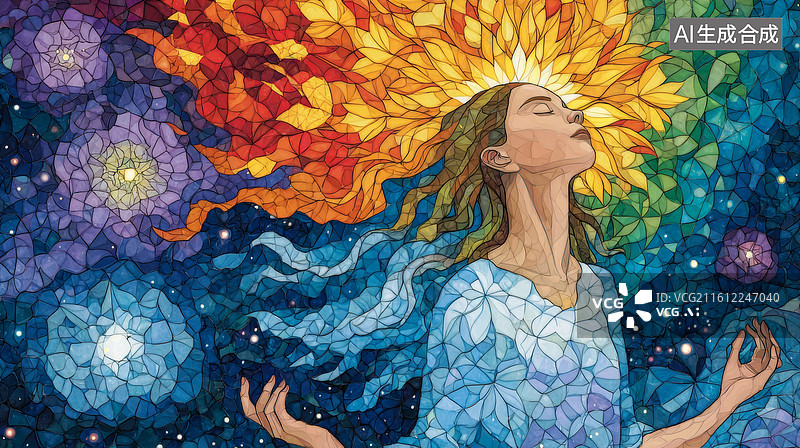 【AI数字艺术】彩色马赛克风格的闭眼女性图片素材