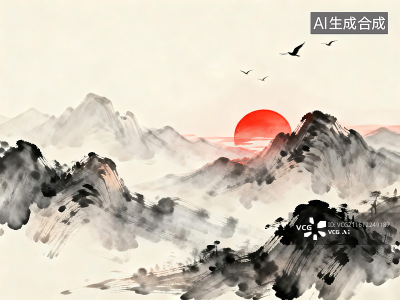 【AI数字艺术】山间日出水墨山水图片素材