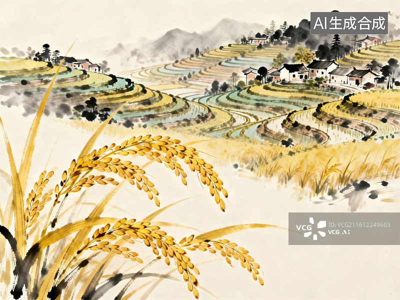 【AI数字艺术】梯田金黄稻谷乡村秋景图图片素材