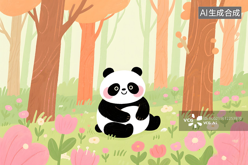【AI数字艺术】卡通熊猫与绿植背景图片素材