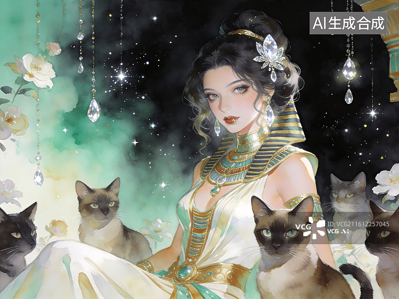 【AI数字艺术】古风女子与猫咪的梦幻场景图片素材