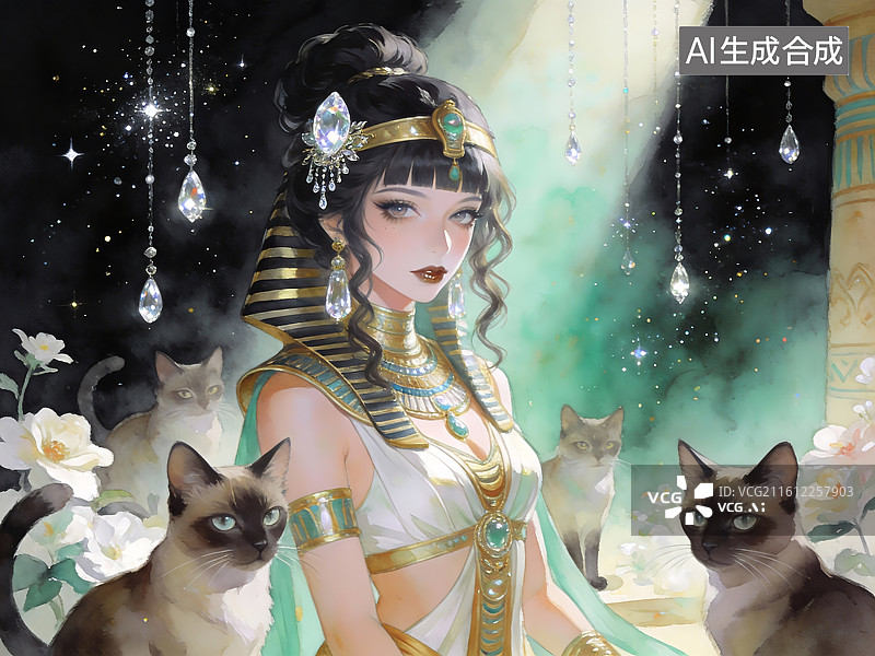 【AI数字艺术】古埃及女神与猫咪的梦幻场景图片素材