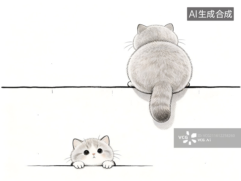 【AI数字艺术】两只猫咪在横线两侧的可爱互动图片素材