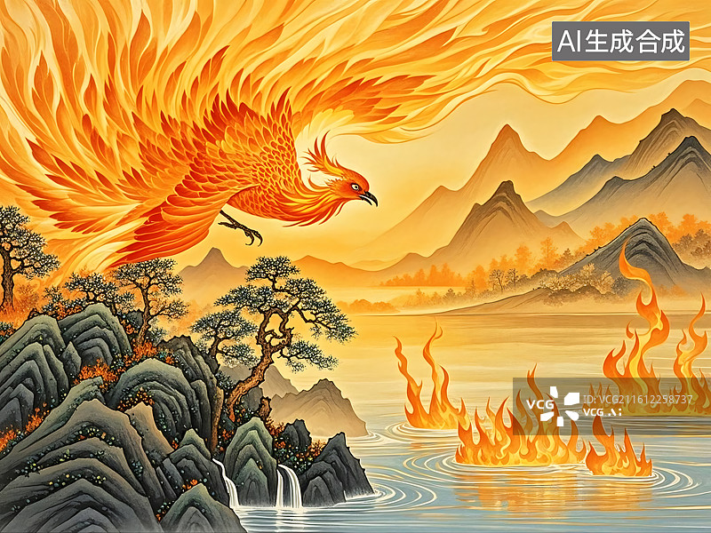 【AI数字艺术】凤凰翱翔山河火海图图片素材