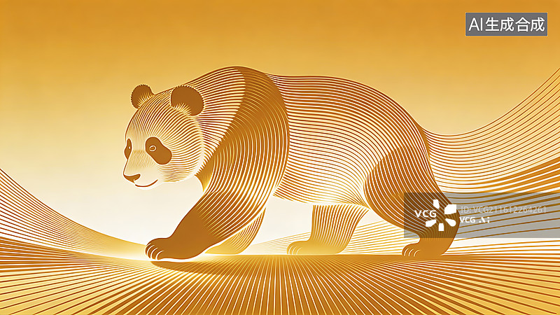 【AI数字艺术】鎏金线条熊猫暖调装饰主题素材图片素材