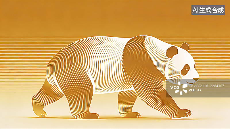 【AI数字艺术】鎏金线条熊猫暖调装饰主题素材图片素材