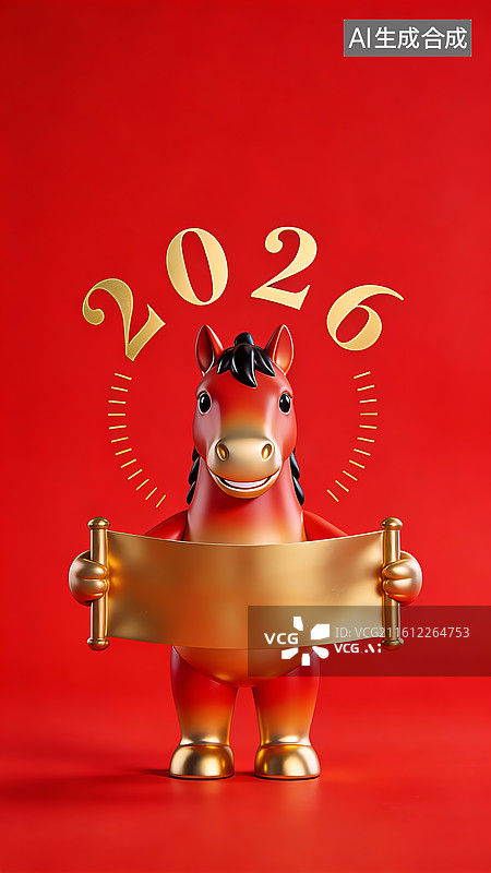 【AI数字艺术】2026 马年卡通小马持金卷轴新春主题素材图片素材