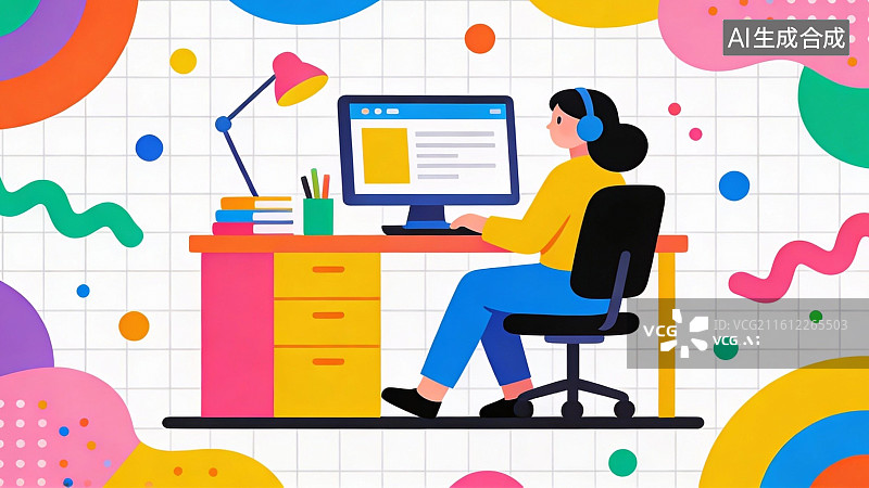 【AI数字艺术】人物在办公桌前使用电脑图片素材