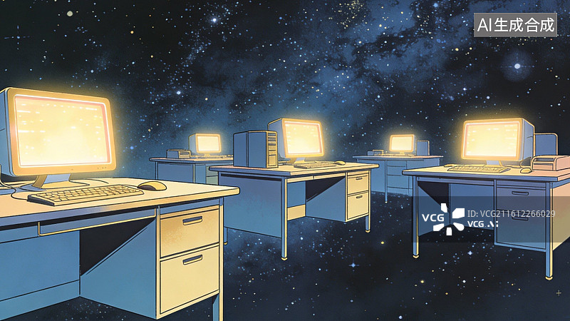 【AI数字艺术】星空下的电脑工作区图片素材