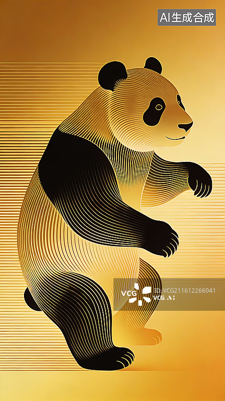 【AI数字艺术】鎏金线条熊猫暖调装饰主题素材图片素材