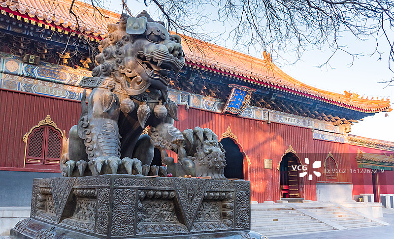 北京雍和宫天王殿雍和门殿的青铜狮子图片素材