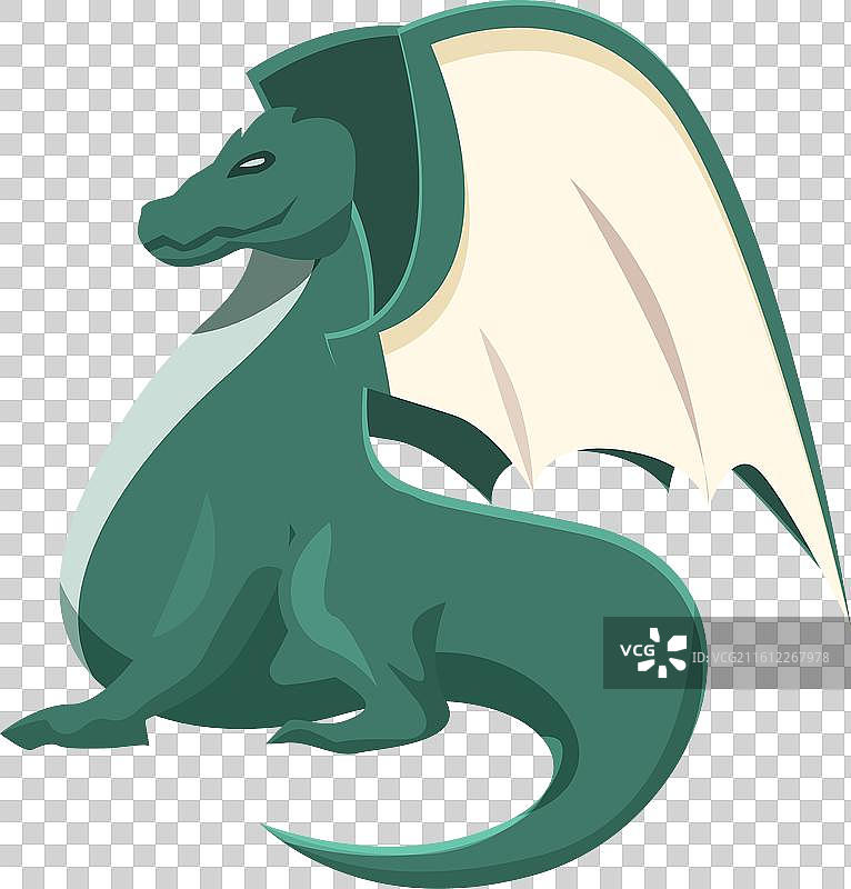 绿色的奇幻龙坐着，展示着它的翅膀图片素材