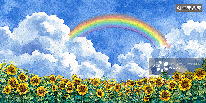 【AI数字艺术】蓝天白云彩虹向日葵花海图片素材