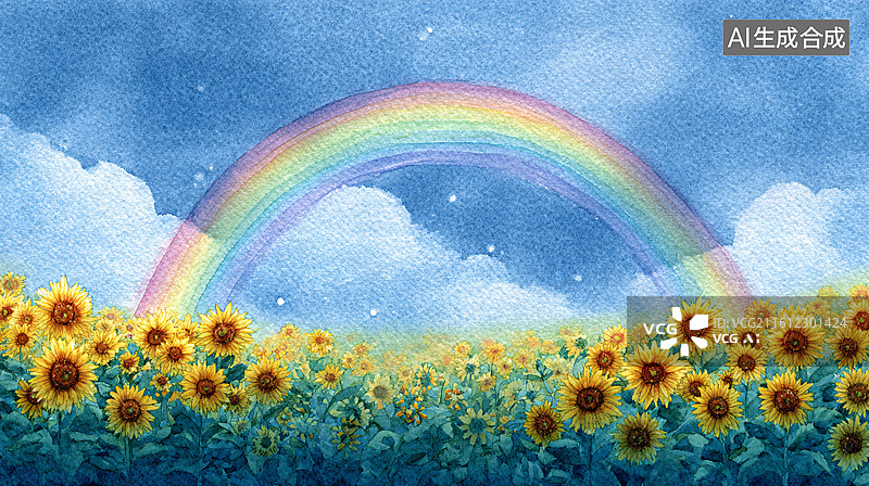 【AI数字艺术】蓝天白云彩虹向日葵花海图片素材