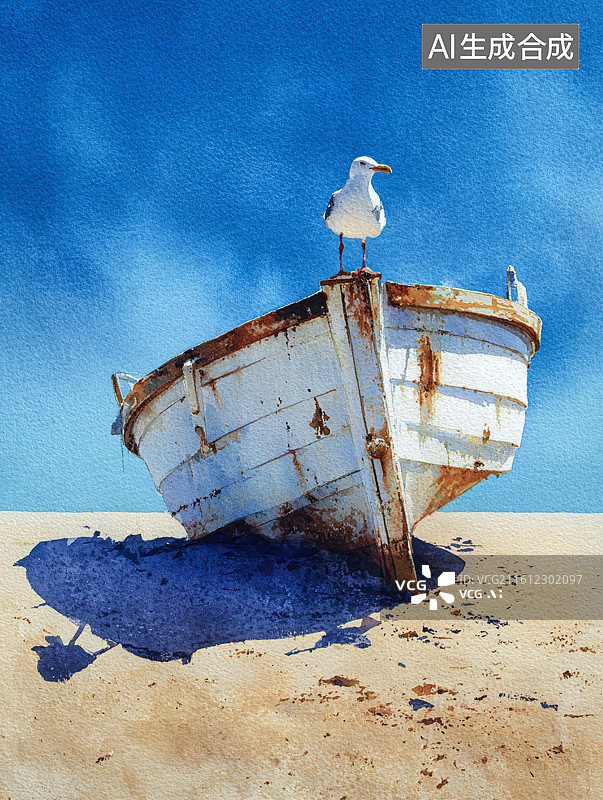 【AI数字艺术】海边沙滩上搁浅的旧木船与海鸥图片素材