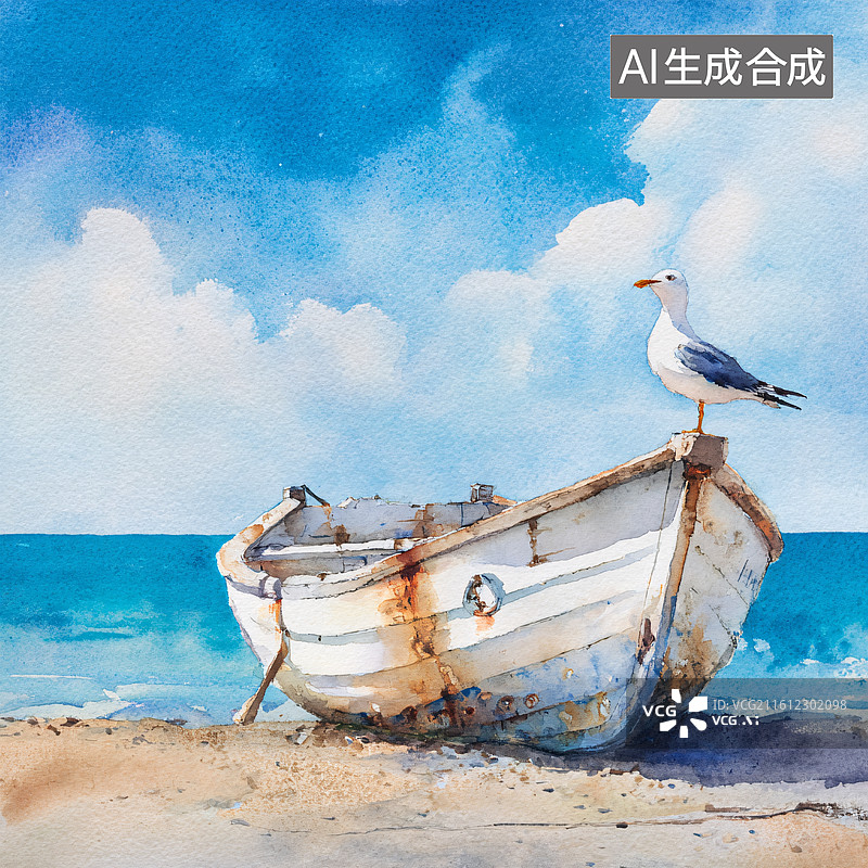 【AI数字艺术】海边沙滩上搁浅的旧木船与海鸥图片素材