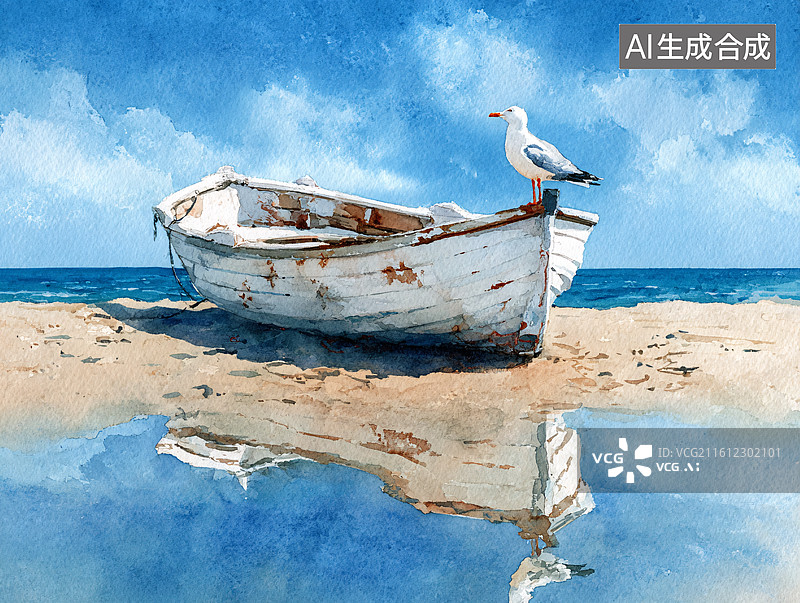 【AI数字艺术】海边沙滩上搁浅的旧木船与海鸥图片素材